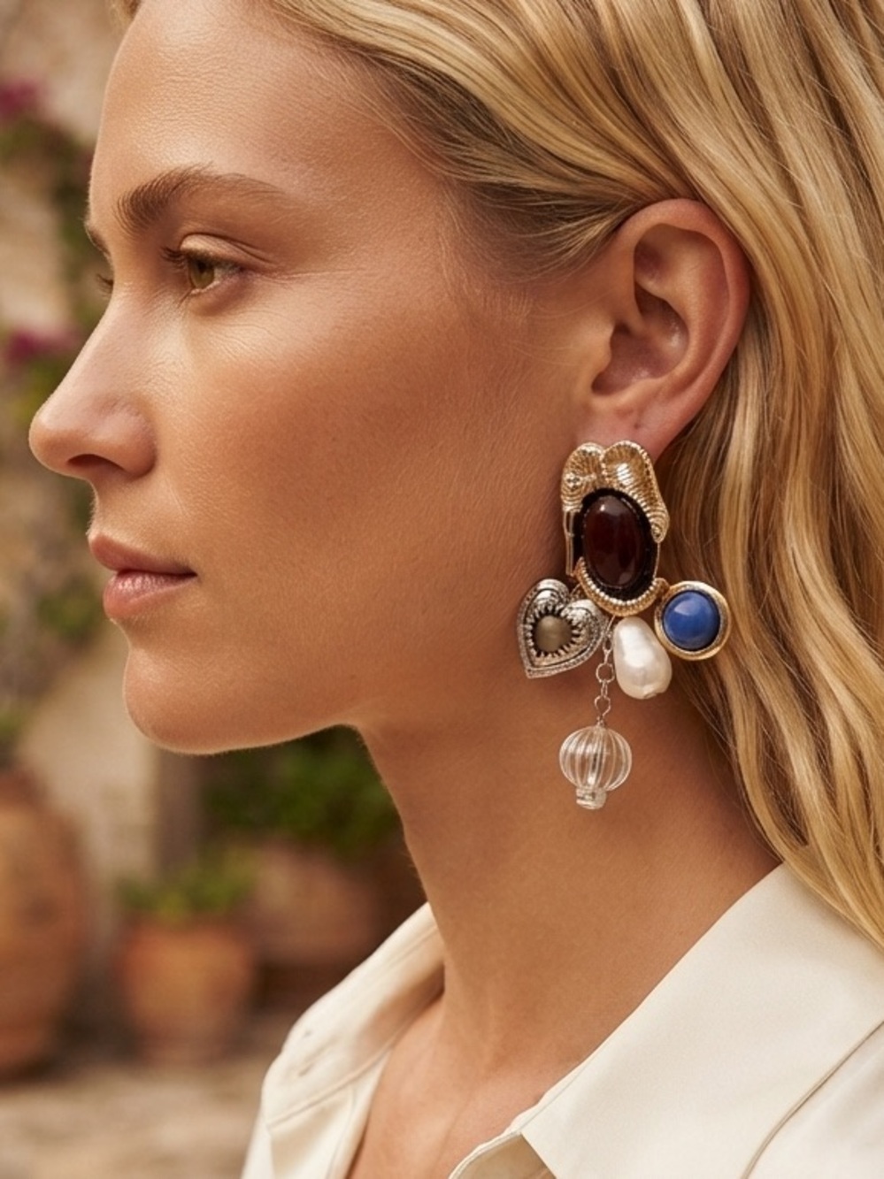 Gold-Tone Dangle Earrings with Brown, Blue and Pearl Accents